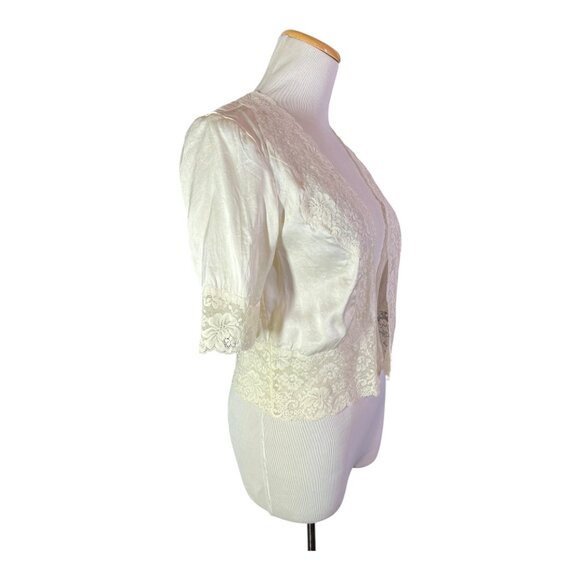 Vintage Express XS Open-Front Silk Jacket Lace Trim Elbow Sleeves White - Picture 4 of 12